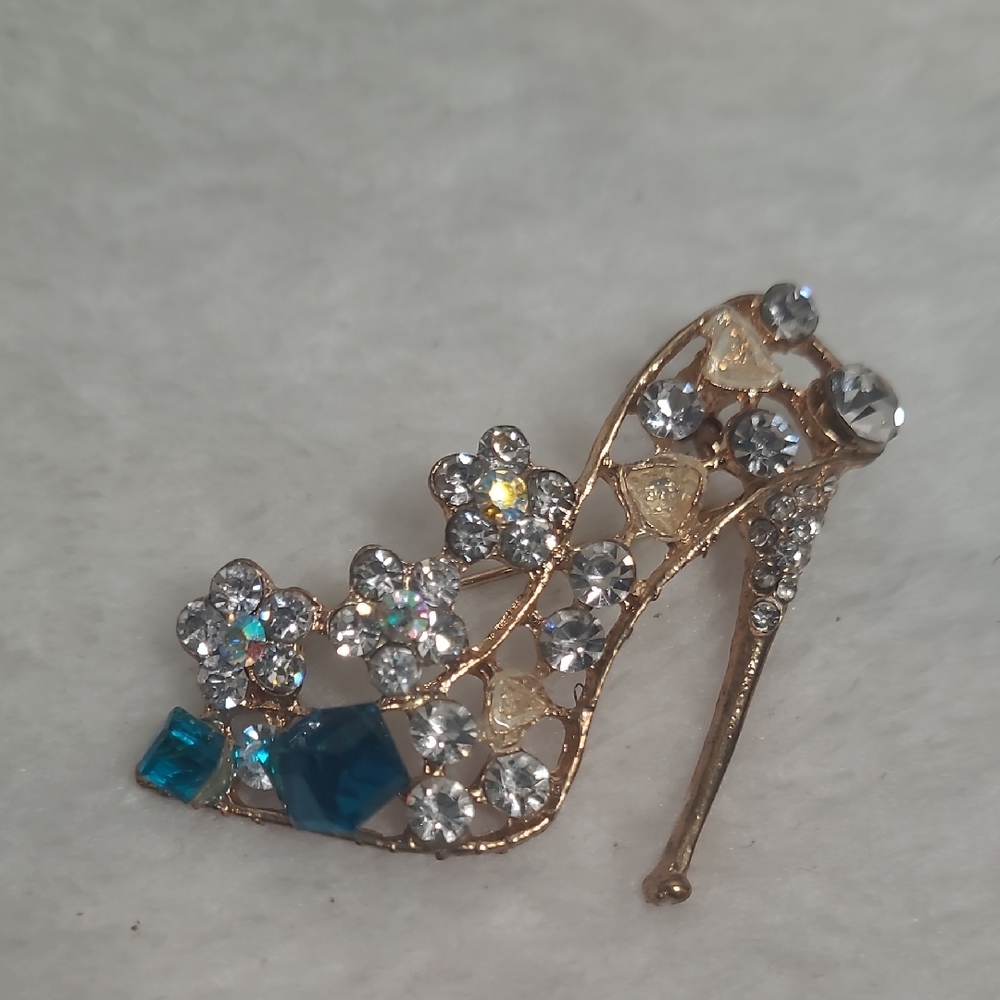 Gold High Heel Brooch with Blue and Clear Crystals